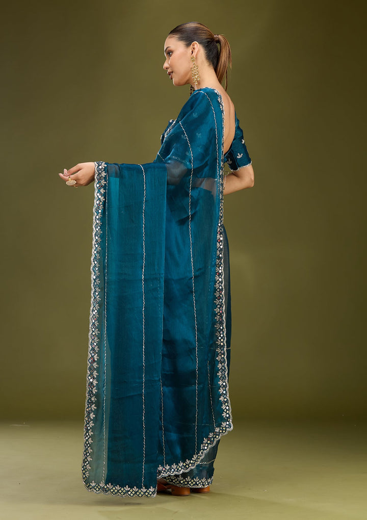 Peacock Blue Cutdana Tissue Saree