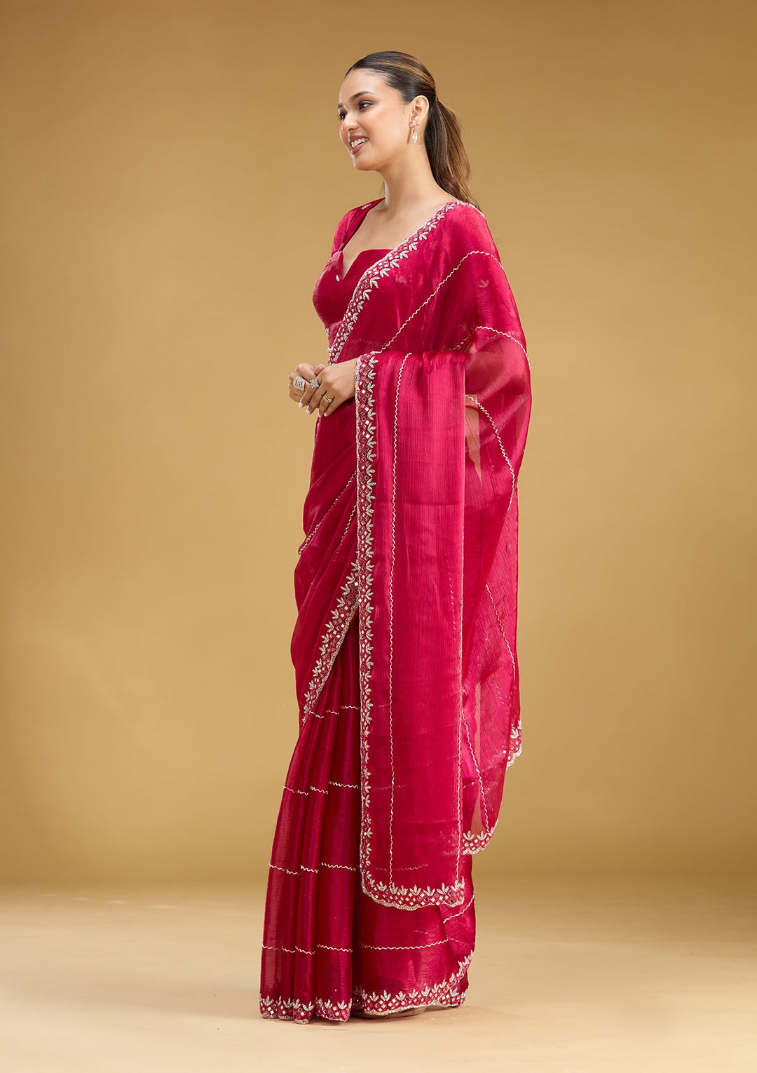 Rani Pink Cutdana Tissue Saree