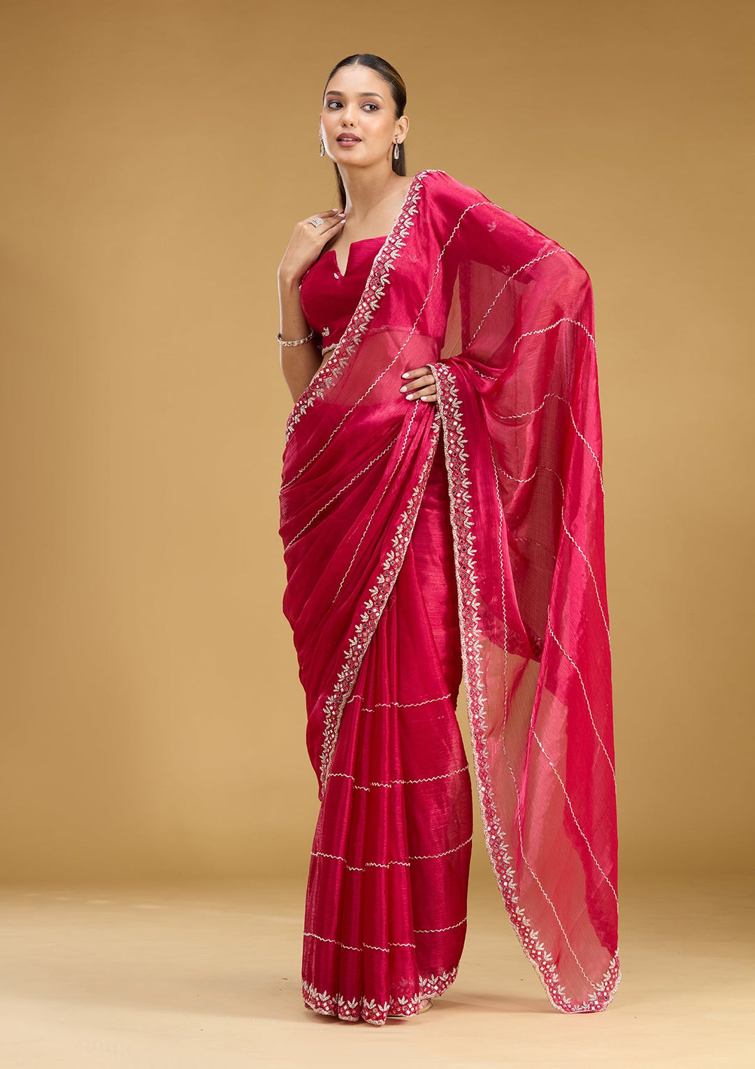 Rani Pink Cutdana Tissue Saree