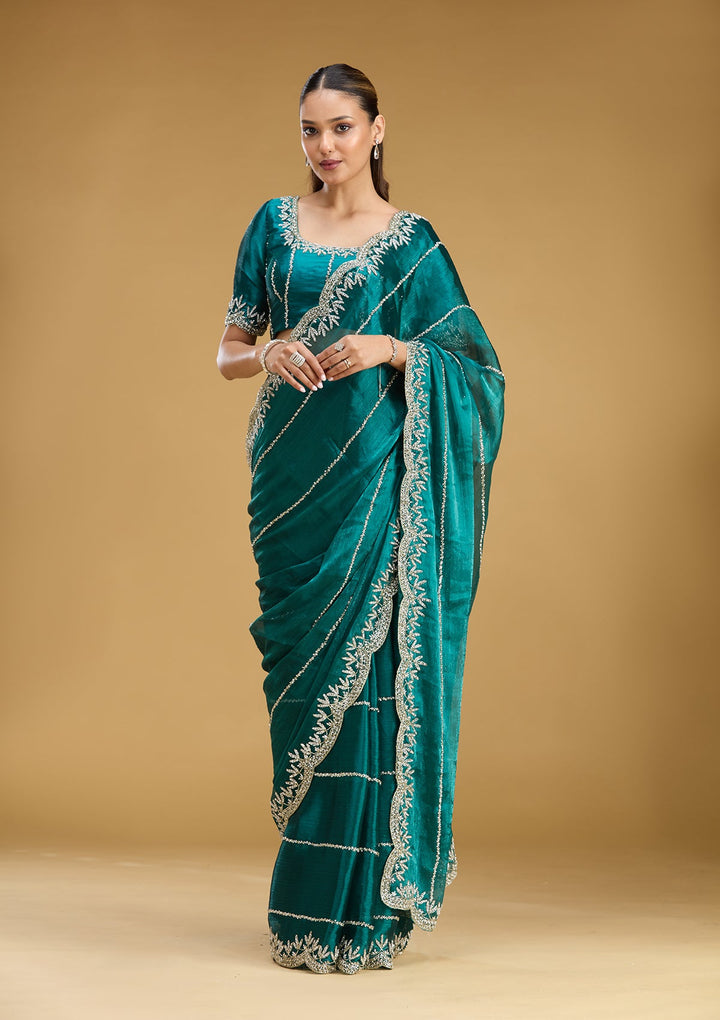 Teal Green Stonework (Silver) Tissue Saree