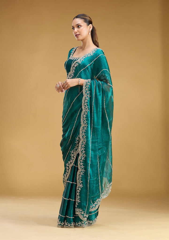 Teal Green Stonework (Silver) Tissue Saree
