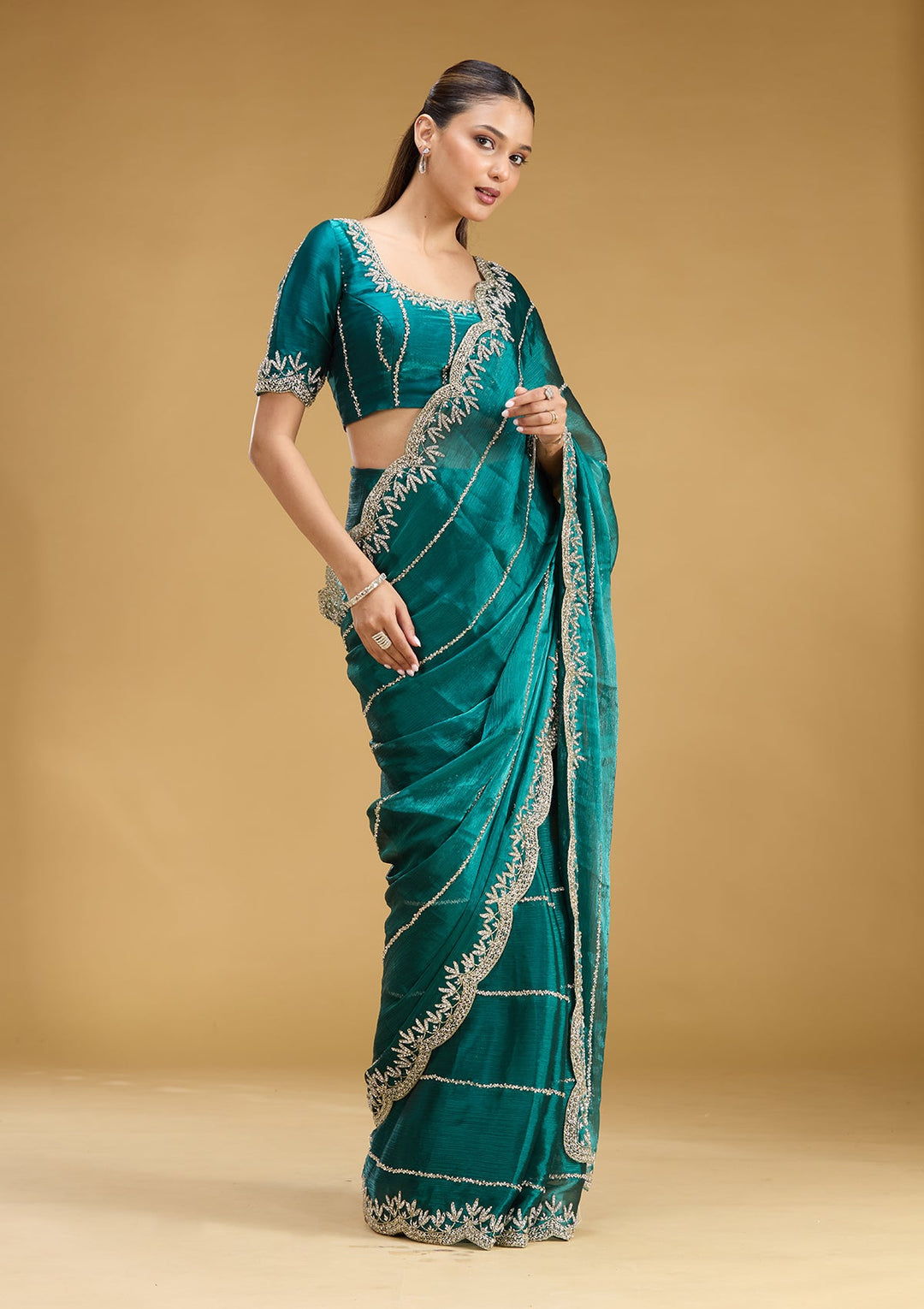 Teal Green Stonework (Silver) Tissue Saree
