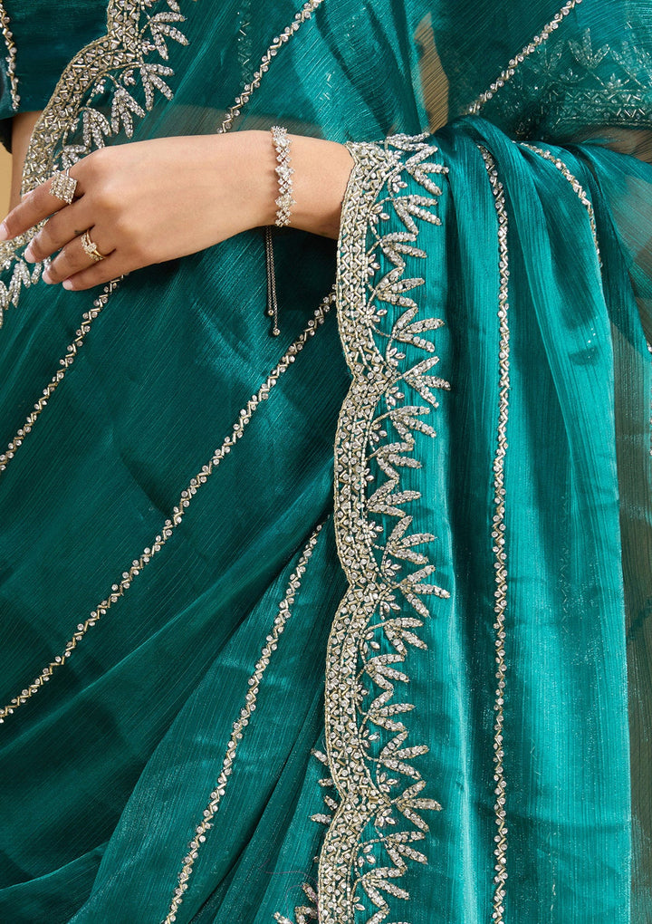 Teal Green Stonework (Silver) Tissue Saree