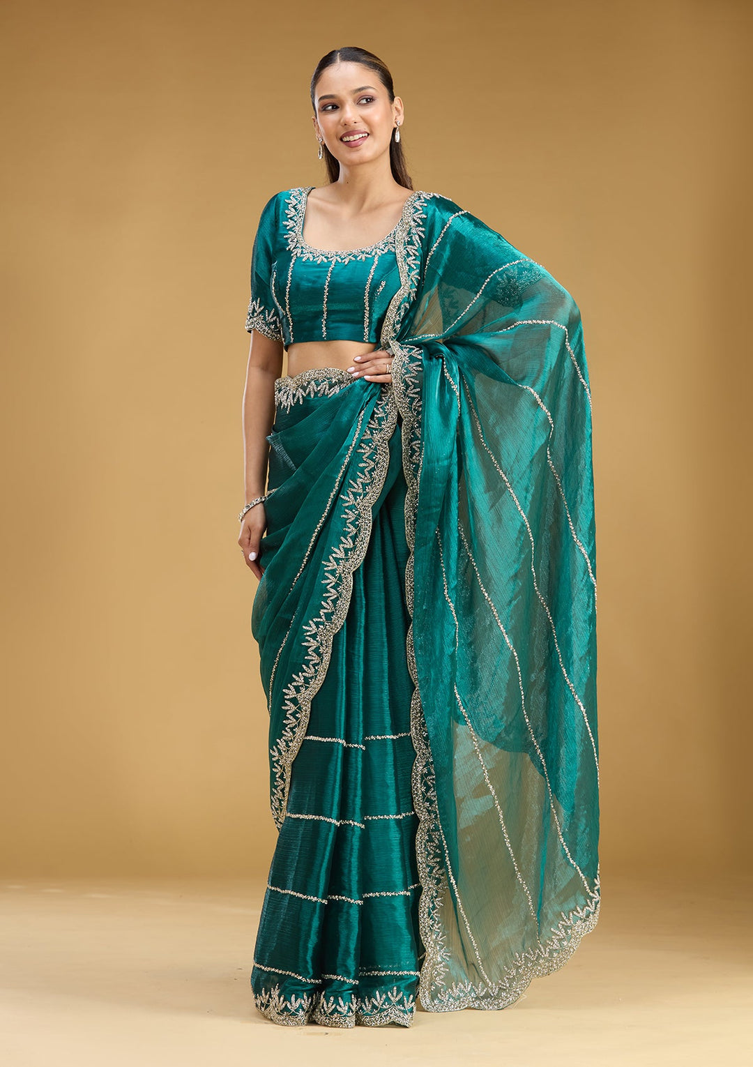 Teal Green Stonework (Silver) Tissue Saree