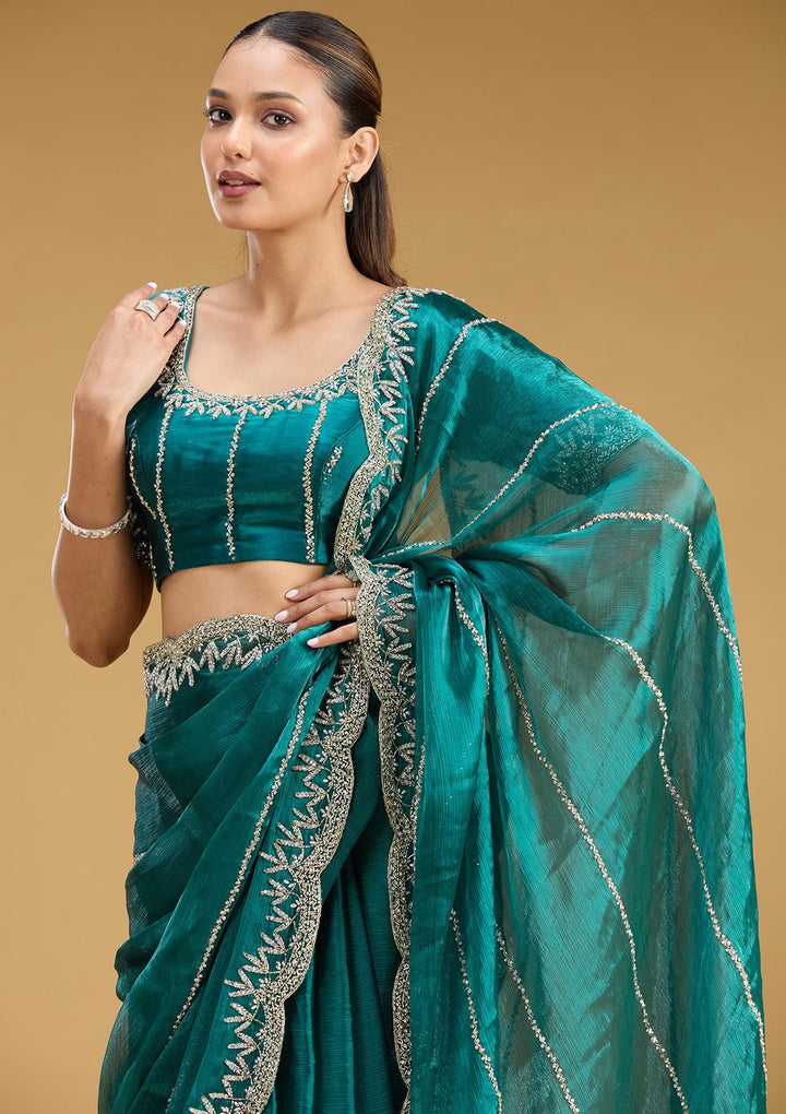 Teal Green Stonework (Silver) Tissue Saree