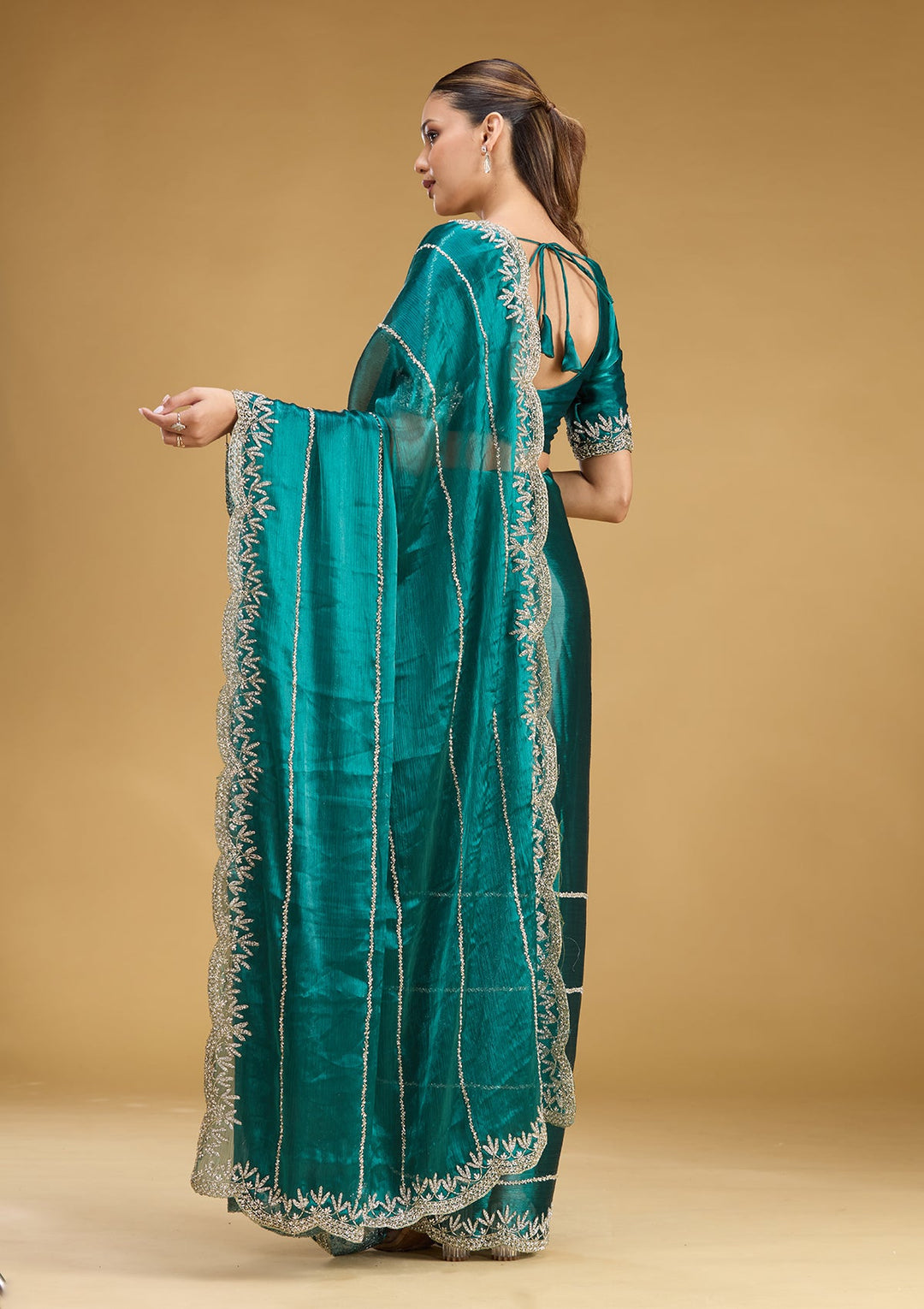 Teal Green Stonework (Silver) Tissue Saree