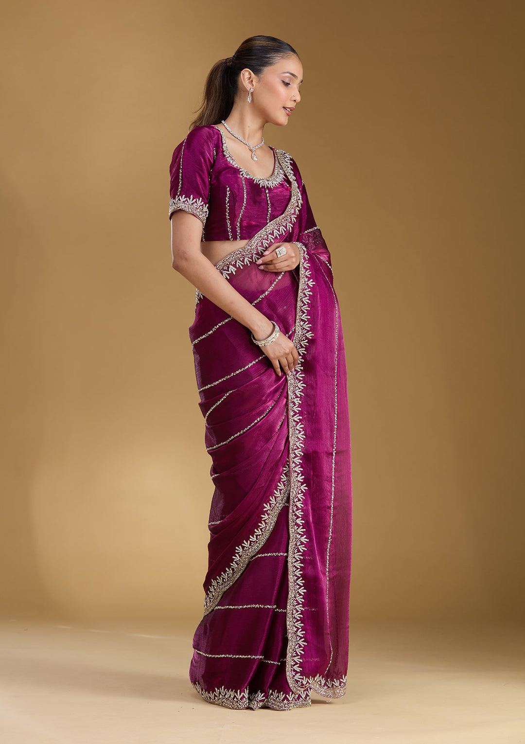 Wine Stonework (Silver) Tissue Saree