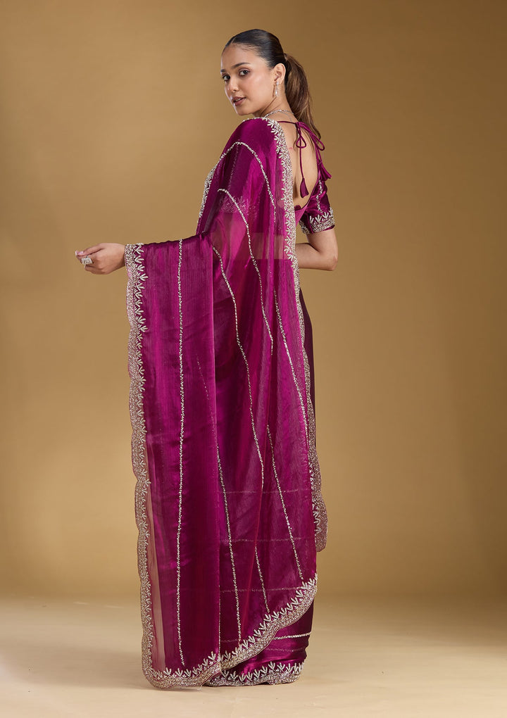 Wine Stonework (Silver) Tissue Saree
