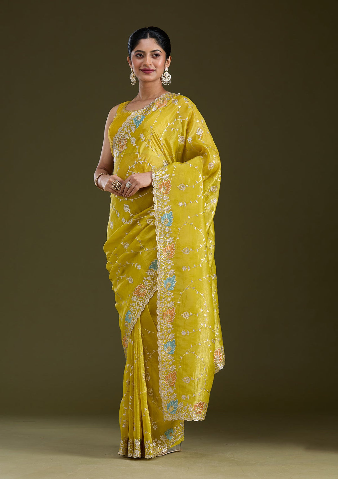 Mustard Gotapatti Organza Saree_koskii