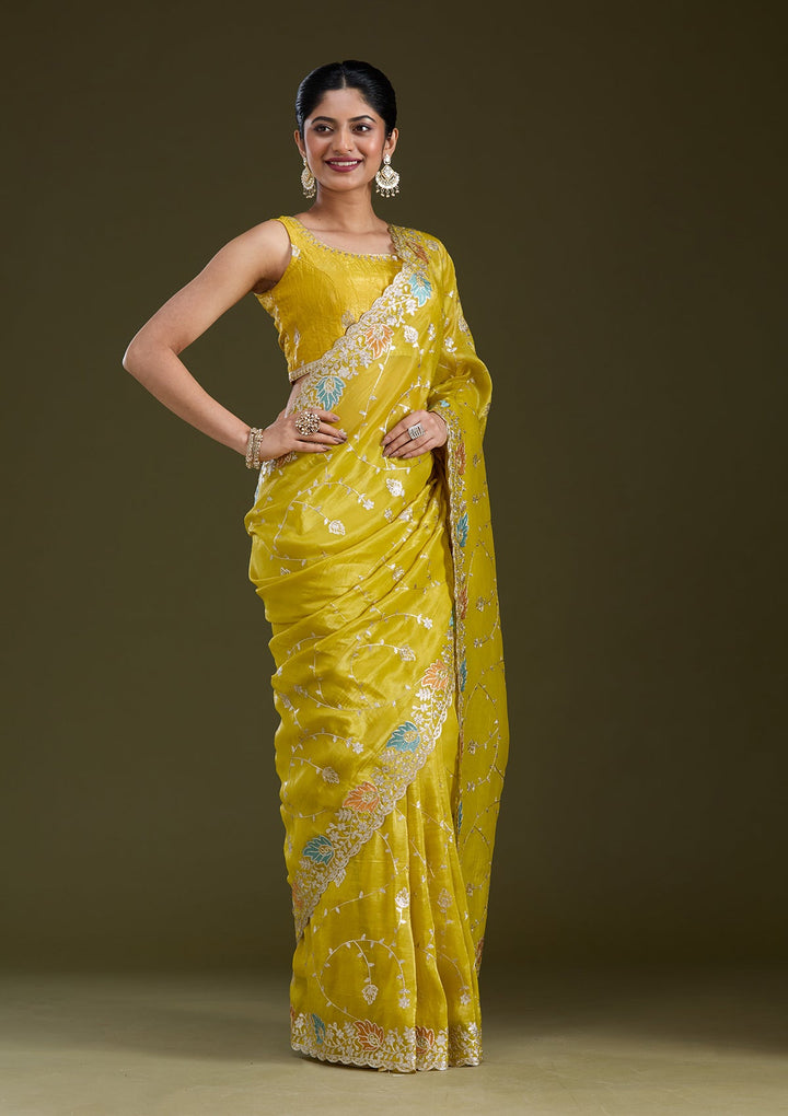 Mustard Gotapatti Organza Saree_koskii