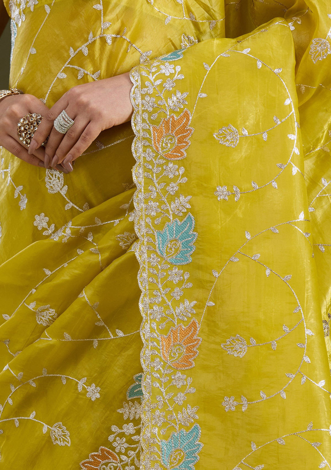 Mustard Gotapatti Organza Saree_koskii