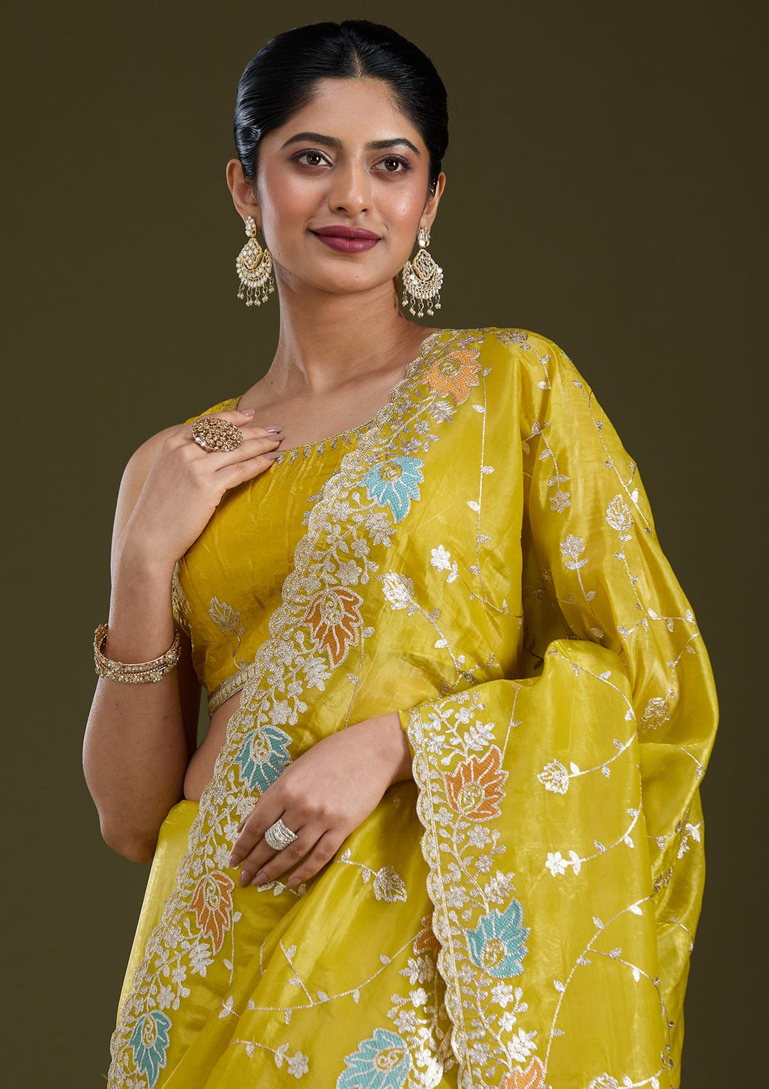 Mustard Gotapatti Organza Saree_koskii