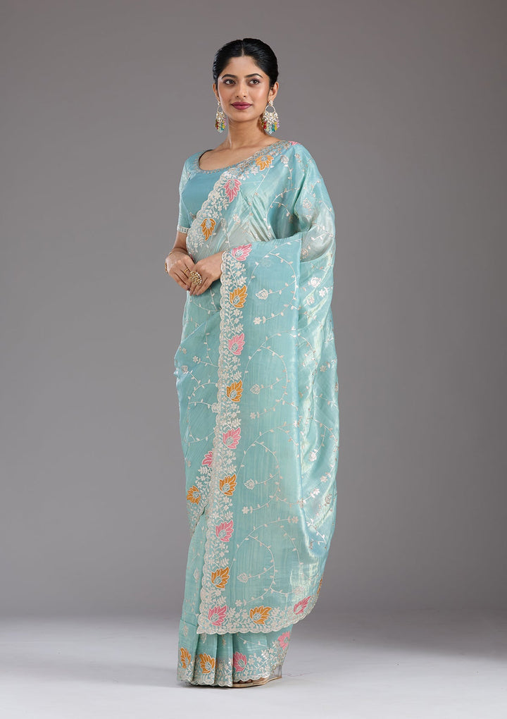 Sea Green Gotapatti Organza Saree_koskii