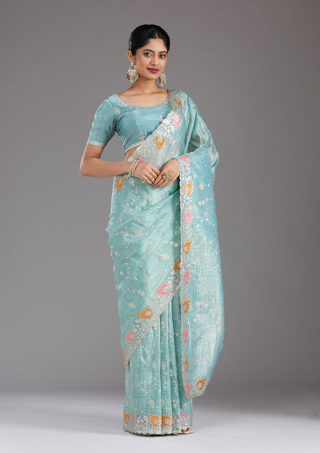 Sea Green Gotapatti Organza Saree_koskii