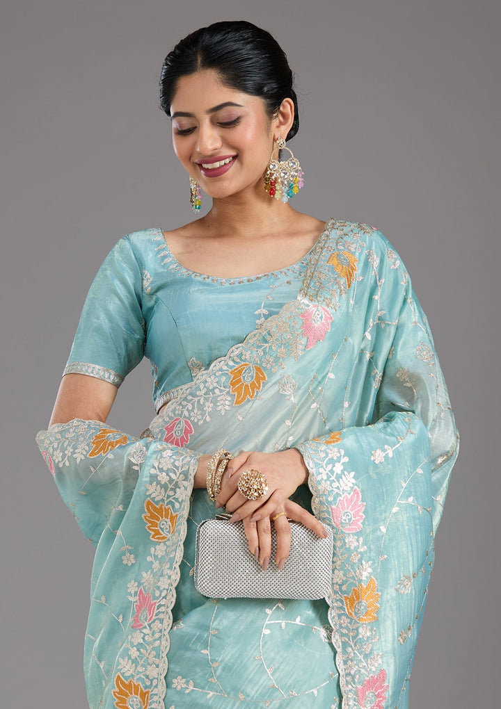 Sea Green Gotapatti Organza Saree_koskii