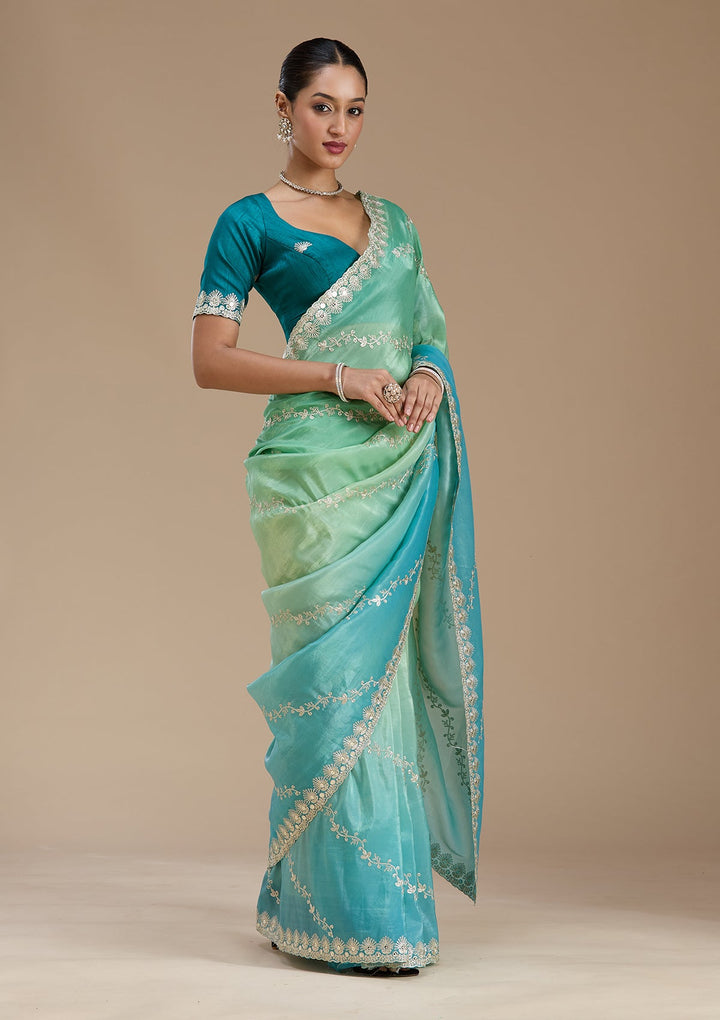 Blue Gotapatti Crepe Saree-Koskii