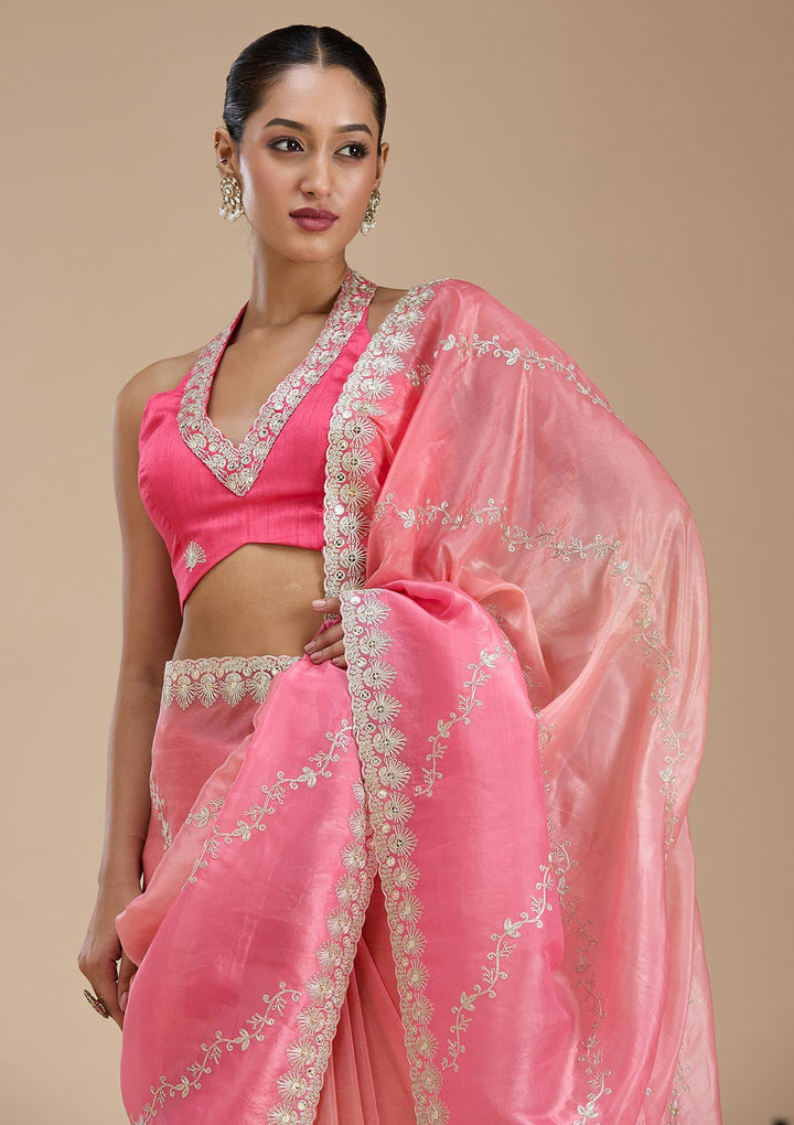 Gajari Pink Gotapatti Crepe Saree-Koskii