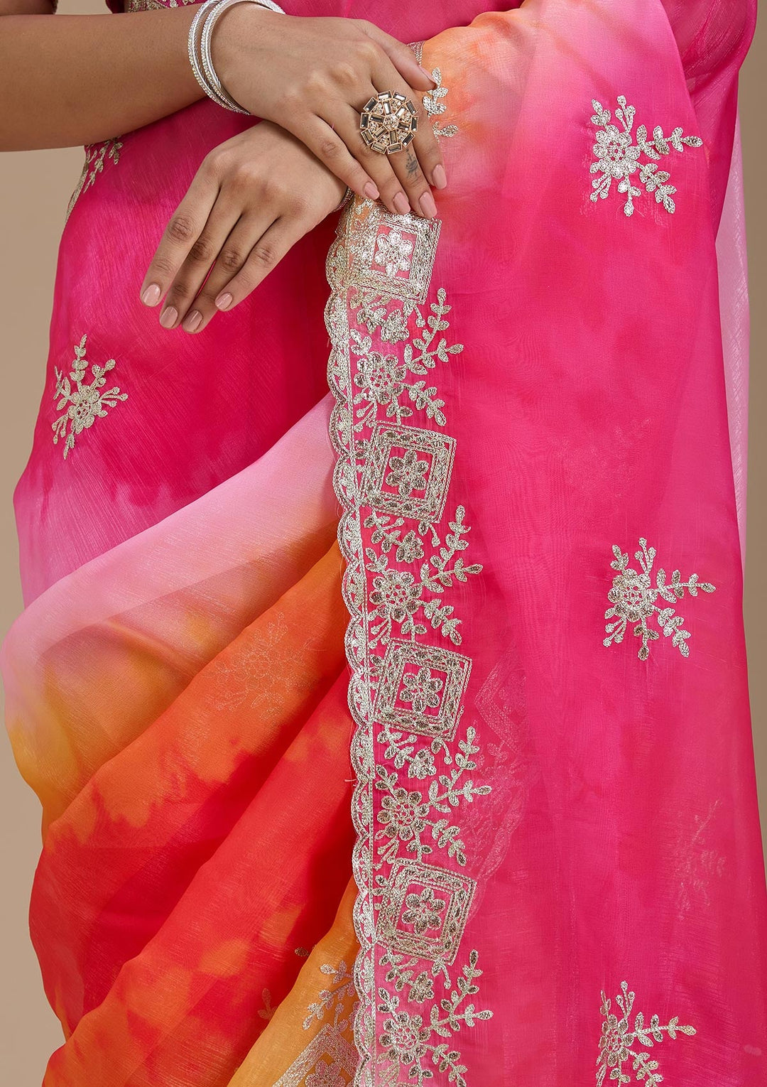 Pink Gotapatti Crepe Saree-Koskii