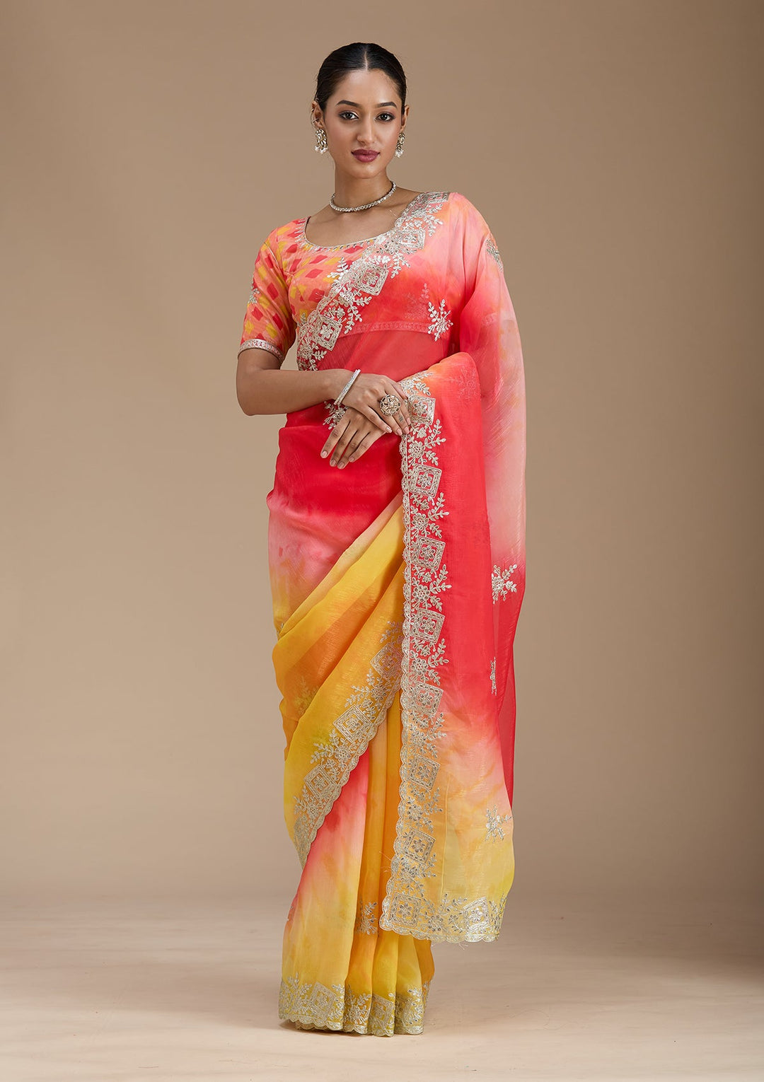 Red Gotapatti Crepe Saree-Koskii