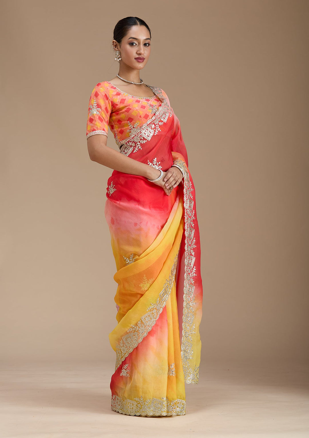 Red Gotapatti Crepe Saree-Koskii