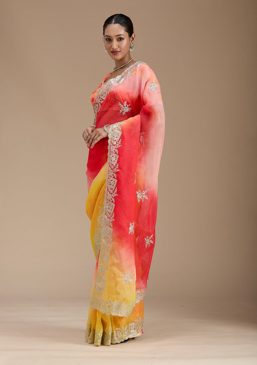 Red Gotapatti Crepe Saree-Koskii