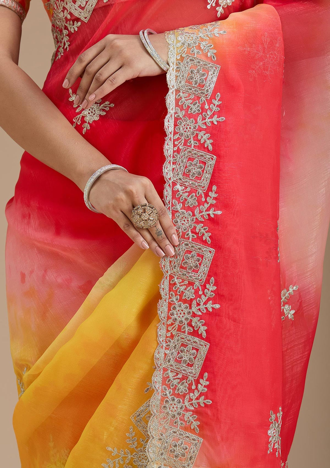 Red Gotapatti Crepe Saree-Koskii