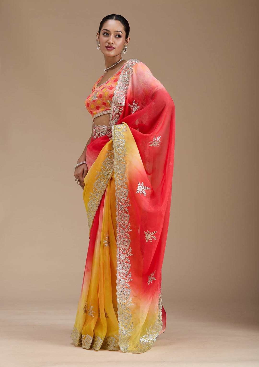 Red Gotapatti Crepe Saree-Koskii
