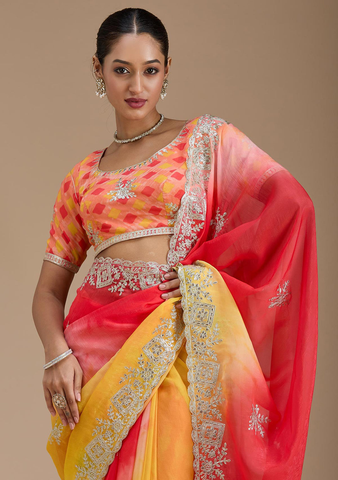 Red Gotapatti Crepe Saree-Koskii