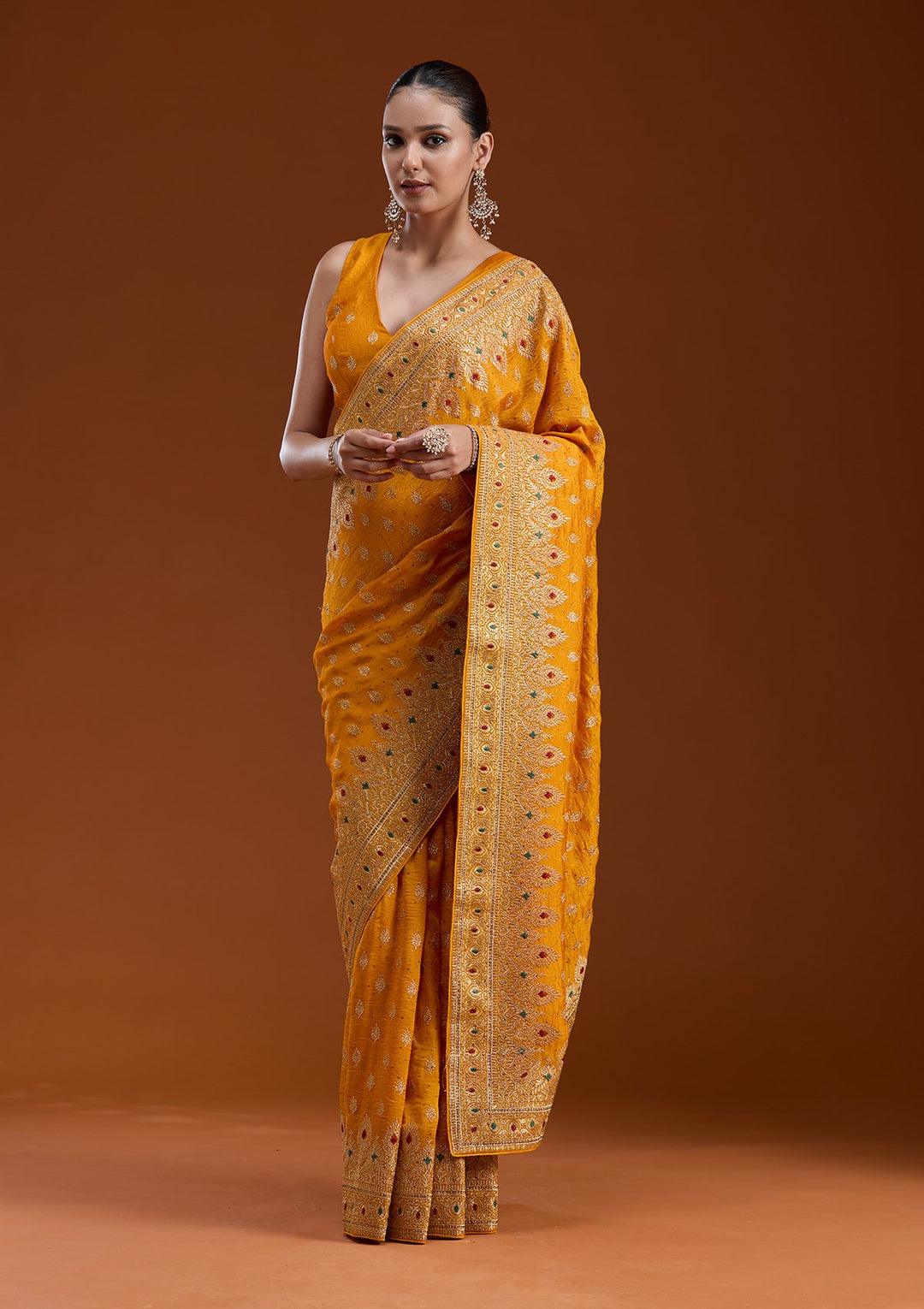 Mustard Zariwork (Gold) Soft Raw Silk Saree-koskii