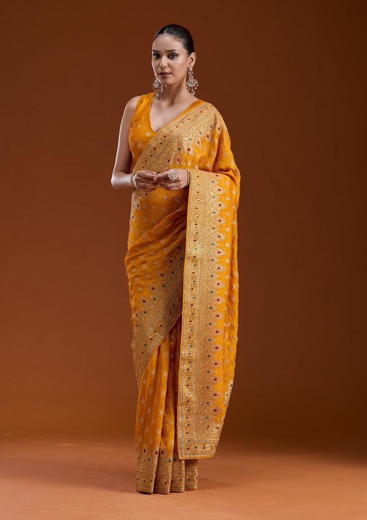 Mustard Zariwork (Gold) Soft Raw Silk Saree-koskii