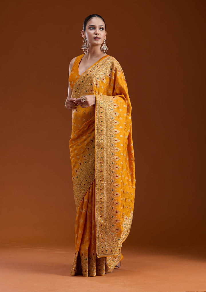 Mustard Zariwork (Gold) Soft Raw Silk Saree-koskii