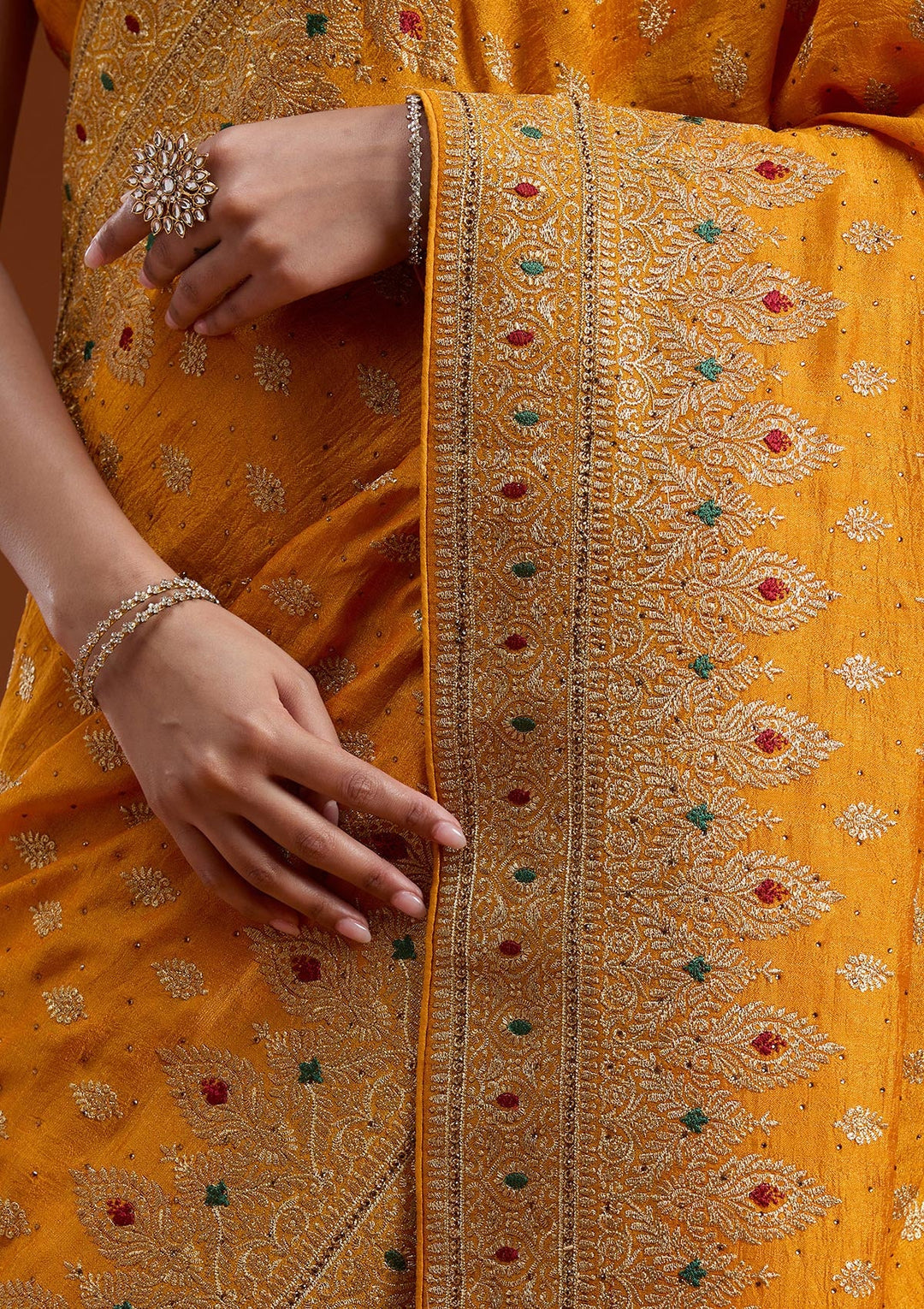 Mustard Zariwork (Gold) Soft Raw Silk Saree-koskii