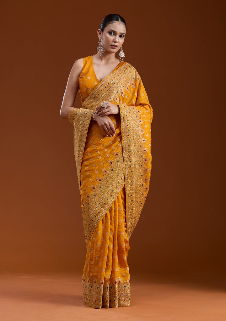 Mustard Zariwork (Gold) Soft Raw Silk Saree-koskii