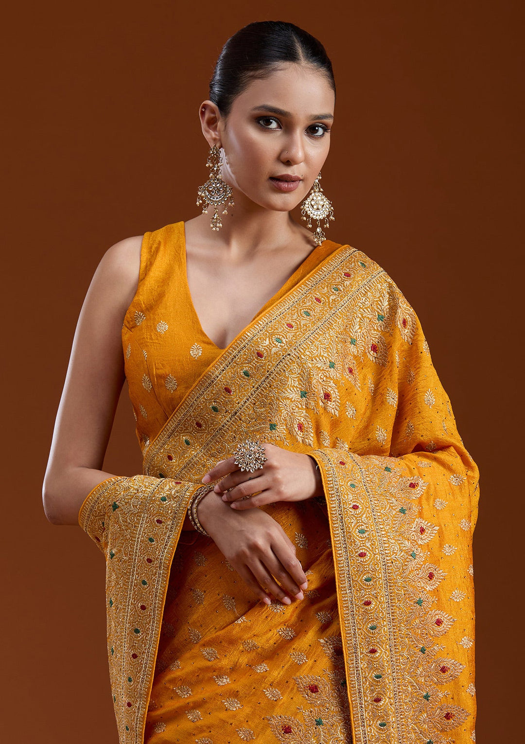 Mustard Zariwork (Gold) Soft Raw Silk Saree-koskii
