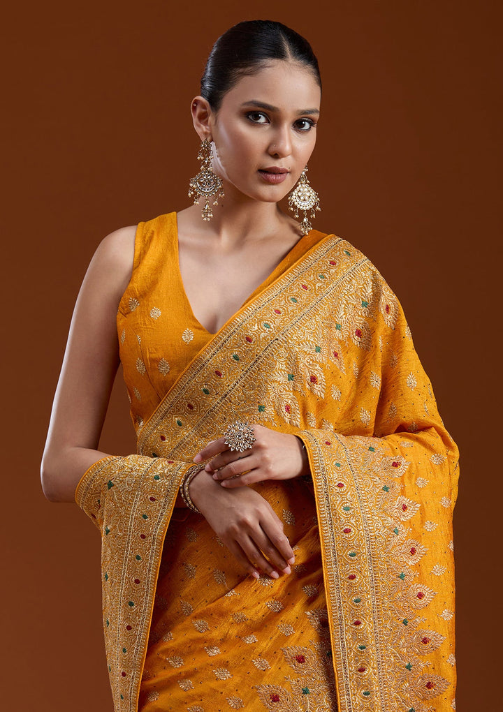 Mustard Zariwork (Gold) Soft Raw Silk Saree-koskii