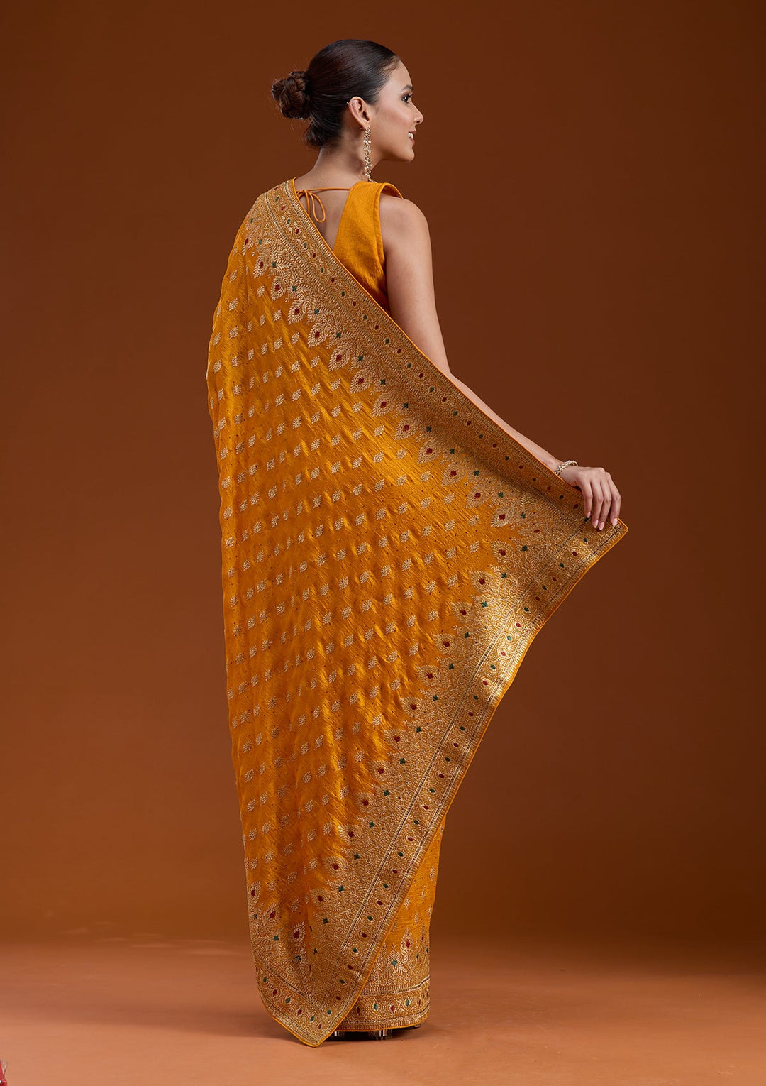 Mustard Zariwork (Gold) Soft Raw Silk Saree-koskii