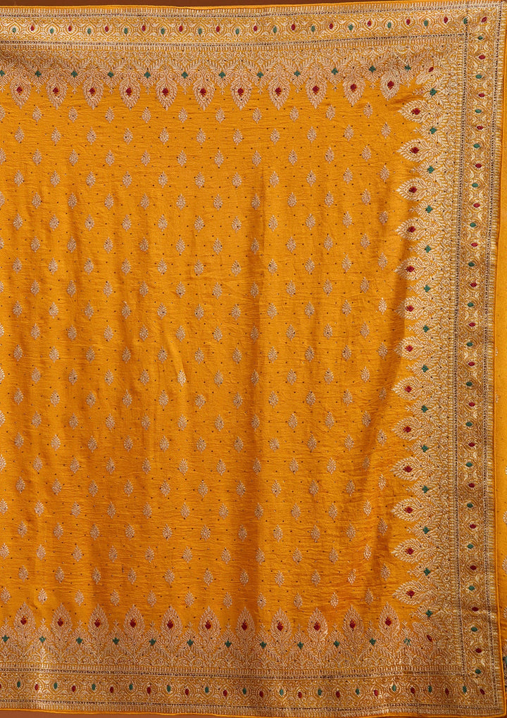 Mustard Zariwork (Gold) Soft Raw Silk Saree-koskii