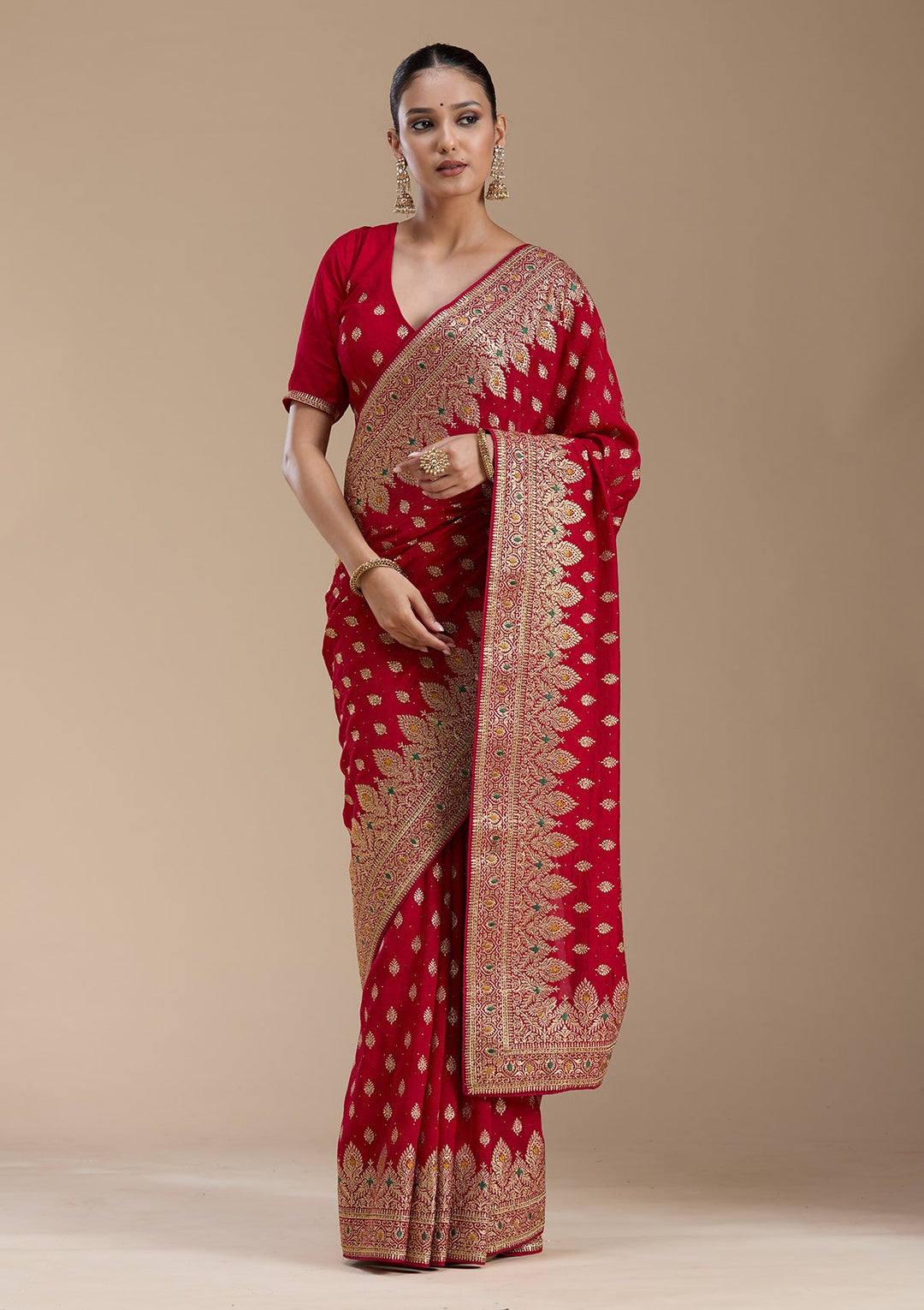 Red Zariwork (Gold) Soft Raw Silk Saree-koskii