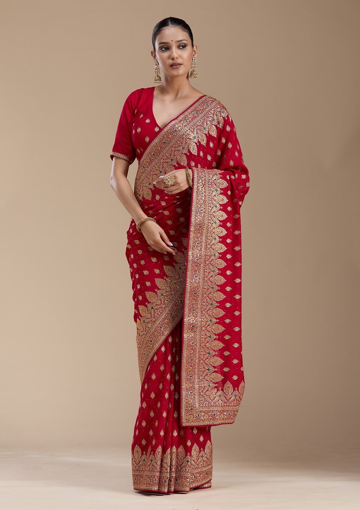 Red Zariwork (Gold) Soft Raw Silk Saree-koskii