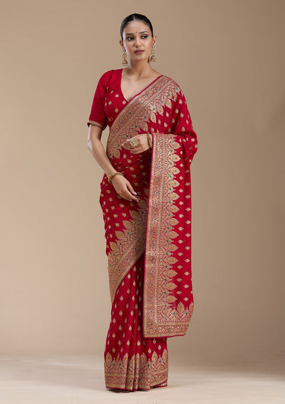 Red Zariwork (Gold) Soft Raw Silk Saree-koskii