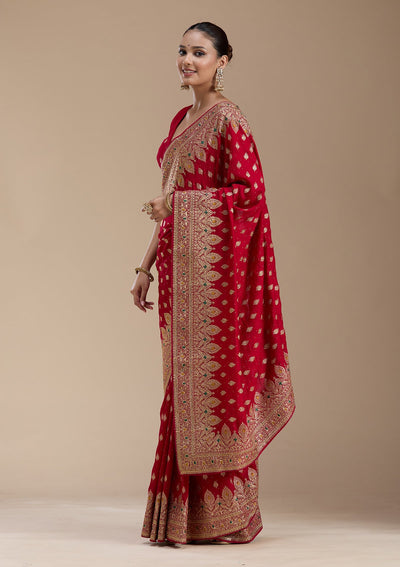 Red Zariwork (Gold) Soft Raw Silk Saree-koskii