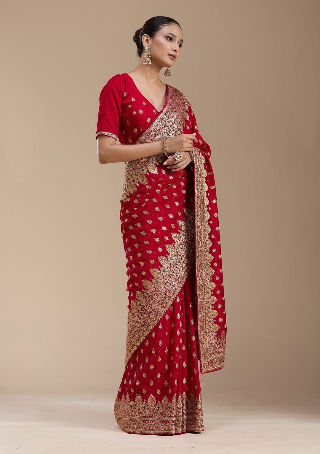 Red Zariwork (Gold) Soft Raw Silk Saree-koskii