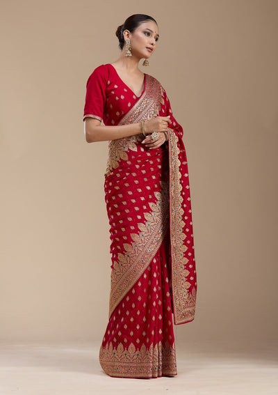 Red Zariwork (Gold) Soft Raw Silk Saree-koskii