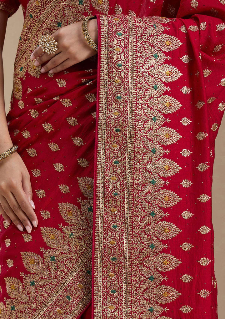 Red Zariwork (Gold) Soft Raw Silk Saree-koskii