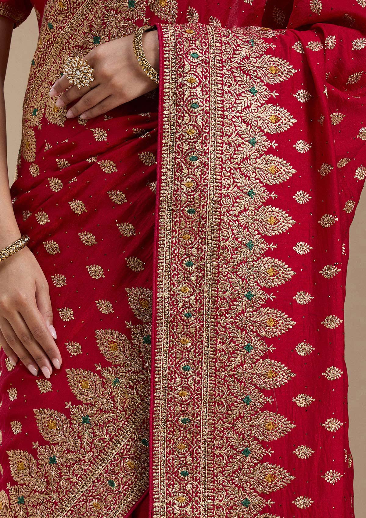 Red Zariwork (Gold) Soft Raw Silk Saree-koskii