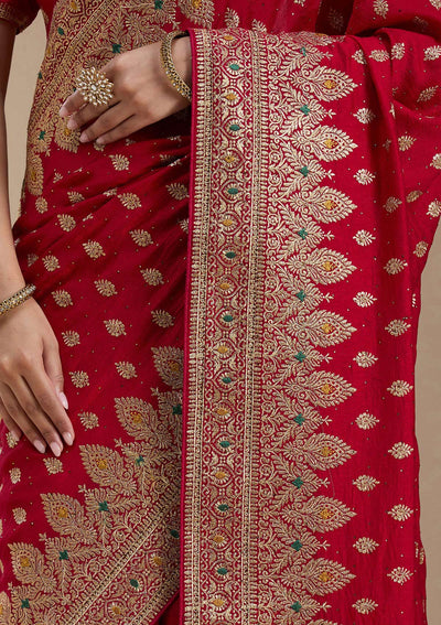 Red Zariwork (Gold) Soft Raw Silk Saree-koskii