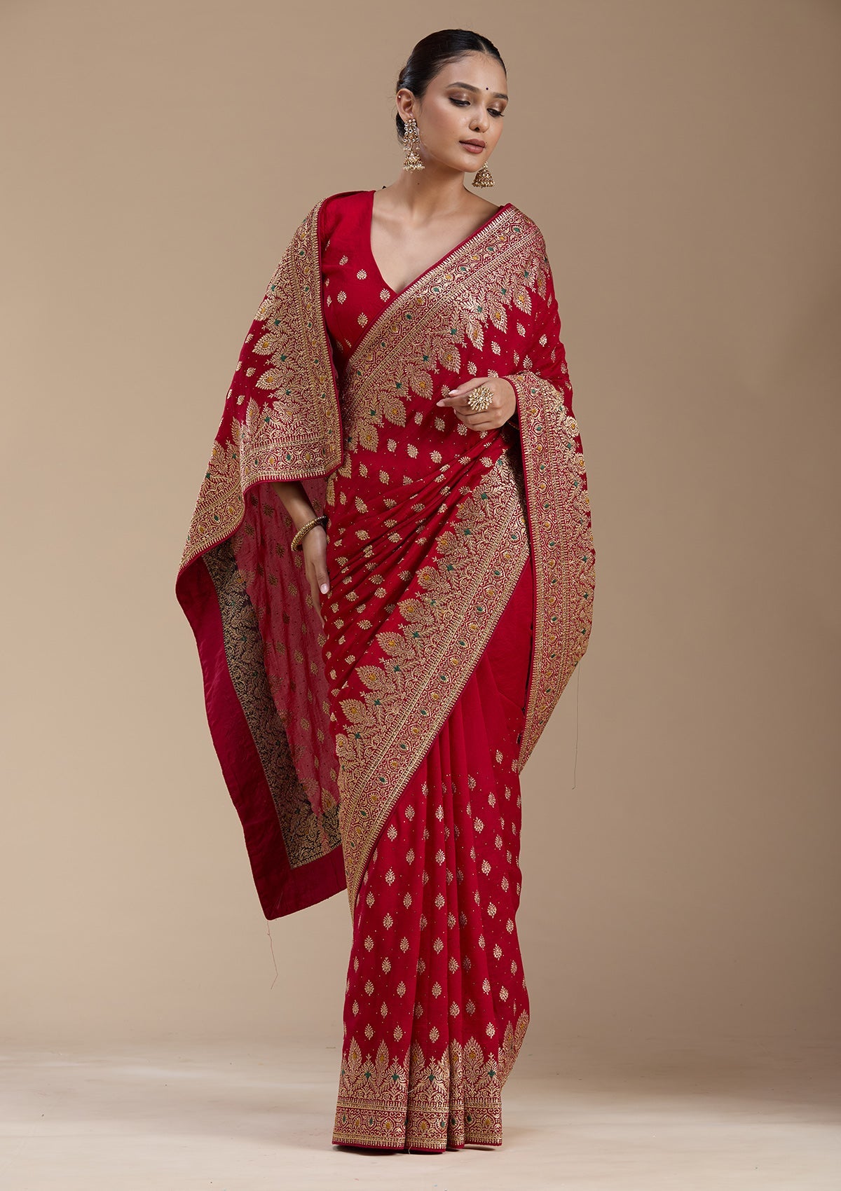 Red Zariwork (Gold) Soft Raw Silk Saree-koskii