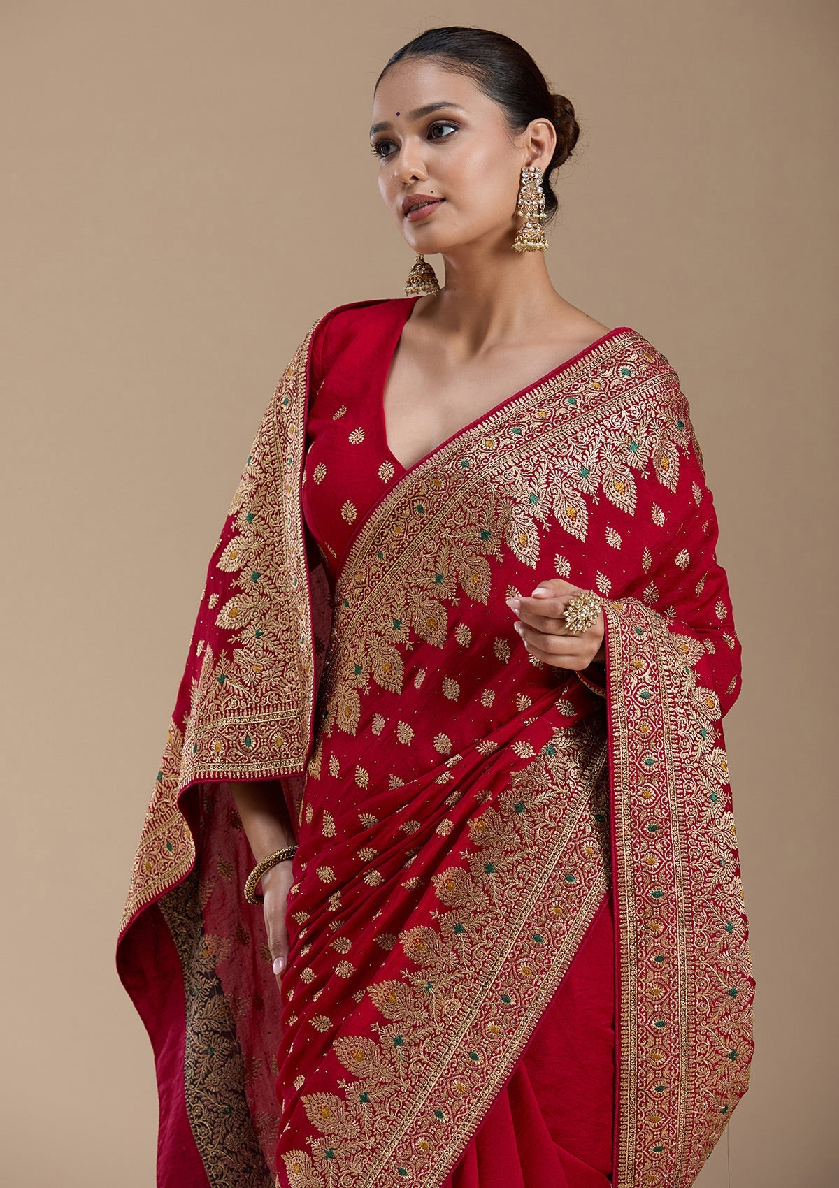 Red Zariwork (Gold) Soft Raw Silk Saree-koskii