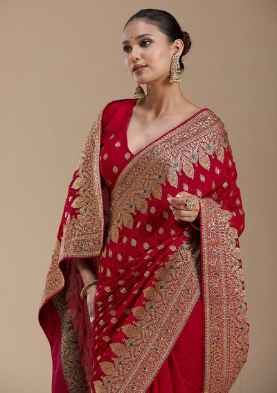 Red Zariwork (Gold) Soft Raw Silk Saree-koskii