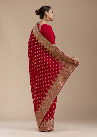Red Zariwork (Gold) Soft Raw Silk Saree-koskii